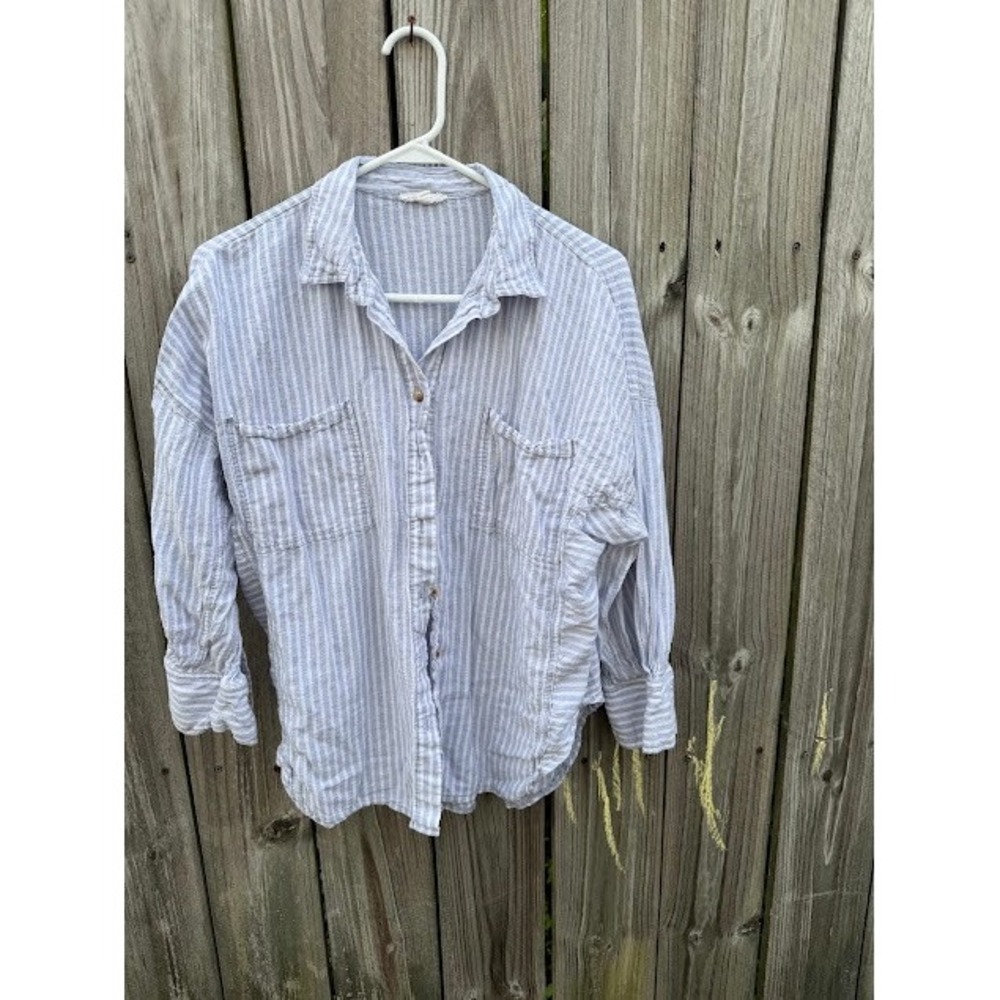 Coastal Beachy Blu Pepper Striped Linen Blend Shirt L Blue White Button Down